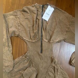 AKIRA Brown Corset Ribbed Zippered Romper